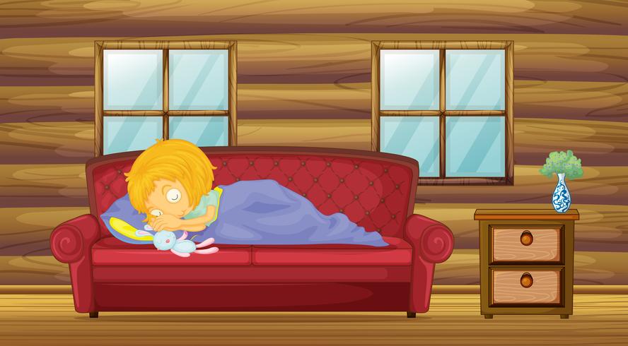 A girl sleeping at the sofa with a stuff toy  vector