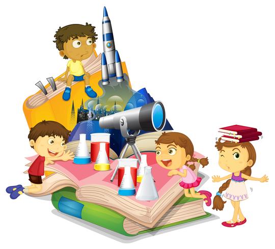 Libro de ciencia con niños y equipo. vector