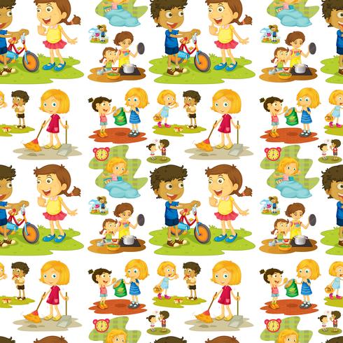 Seamless children playing and doing chores vector