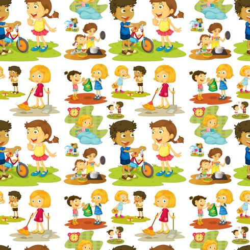 Seamless children playing and doing chores vector