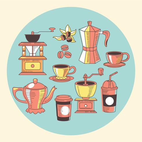 Conjunto de elementos de café dibujado a mano con estilo vintage vector