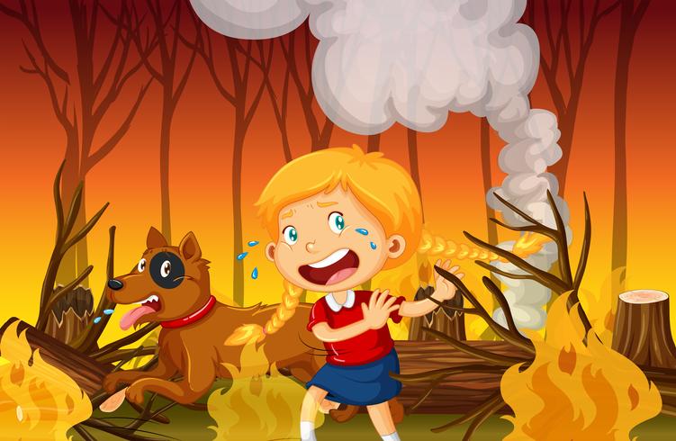 Una niña llorando en el bosque de incendios forestales vector