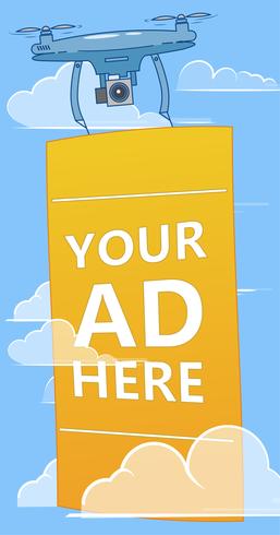 Drones with ads banner flying in sky. Multicopter advertising your business. Vector flat illustration