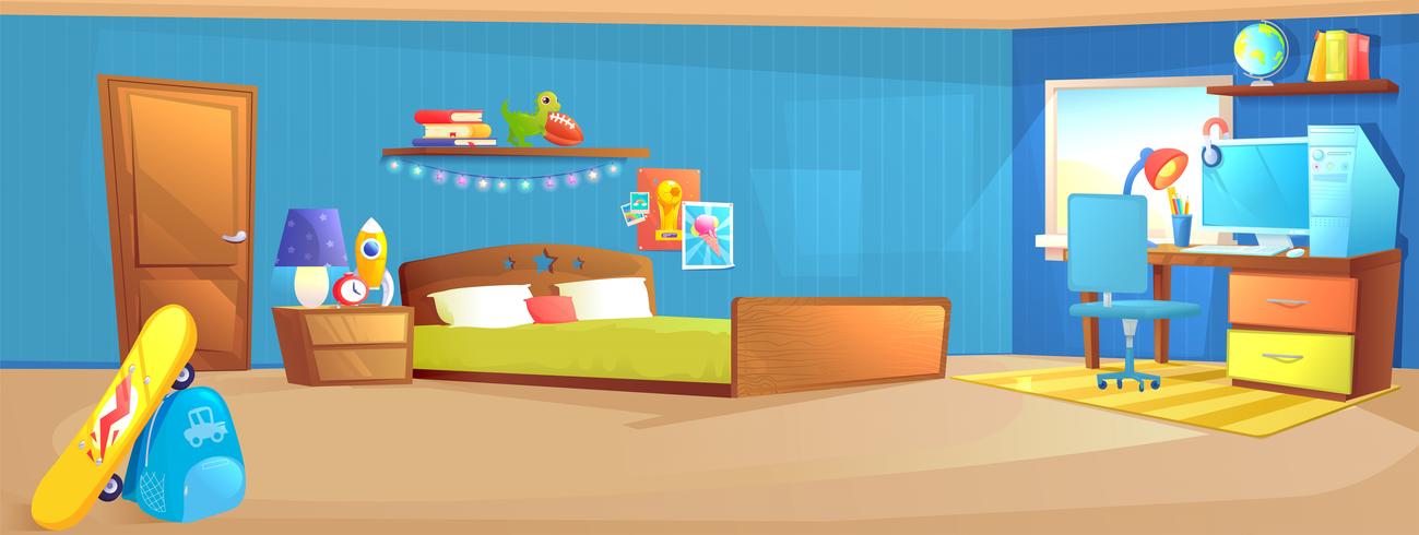 Teenager boy room interior design banner. With bed, workplace with desk and pc computer, shelves, and toys and skateboard. Vector cartoon illustration