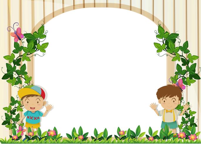 Border design with boys in the garden vector