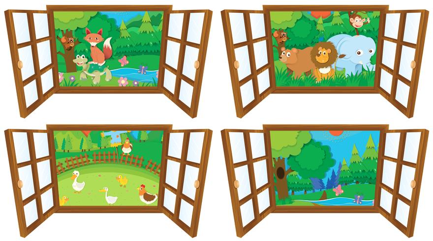 Ventanas con cuatro vistas de finca y bosque. vector