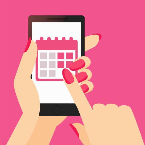 Una aplicación del calendario de seguimiento de una mujer en el teléfono que tiene en la mano. vector