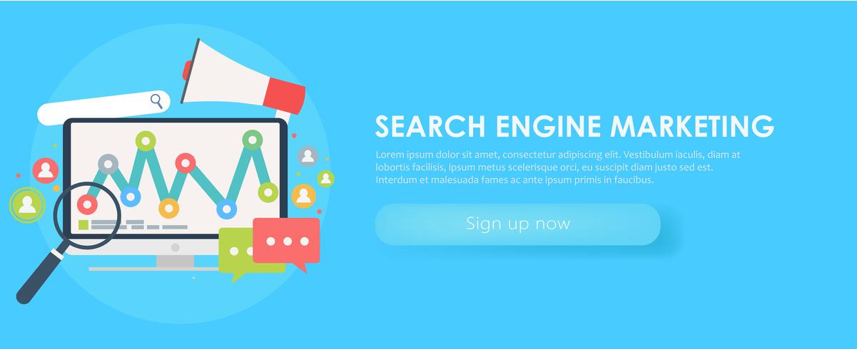 Search Engine Marketing banner. Computer with object, diagram, user icon. Vector flat illusration