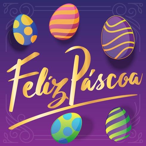 Diseño de la tarjeta de felicitación de las letras de Feliz Pascoa vector