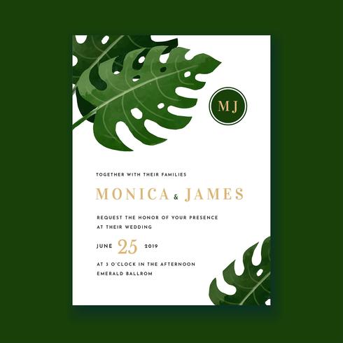 Tarjeta de invitación de boda Monstera color de agua vector