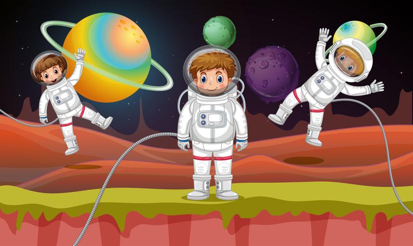 Three astronauts flying in space vector
