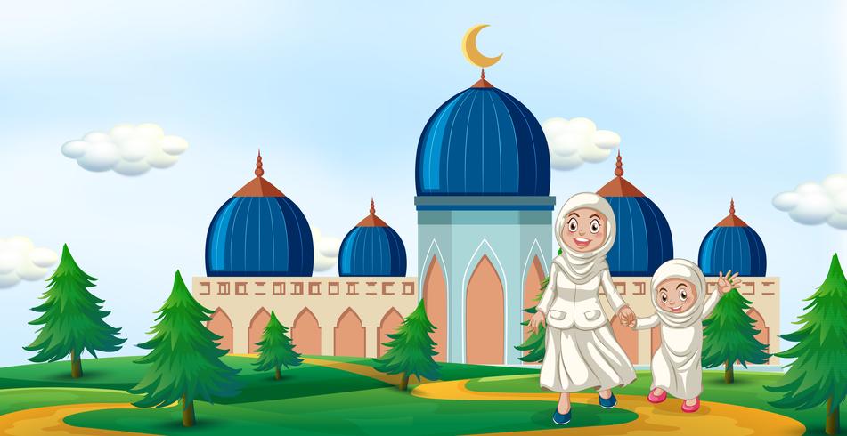 Happy family infront of mosque vector