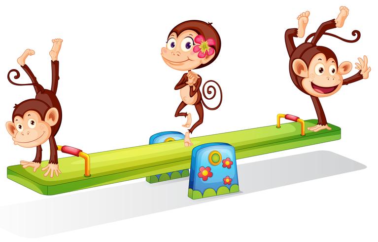 Three playful monkeys playing with the seesaw vector