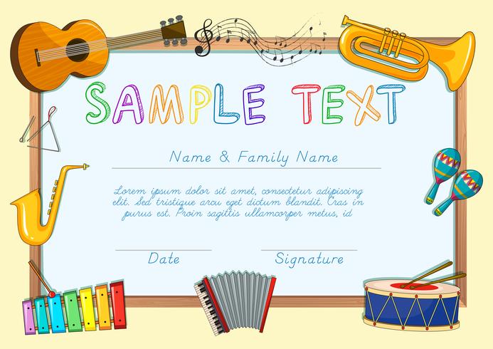 Certificate template with musical instruments vector