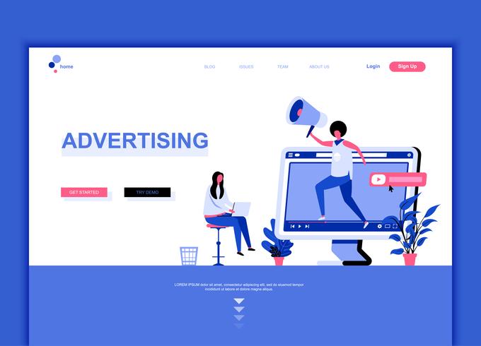 El concepto de plantilla de diseño de página web plana moderna de publicidad y promoción decoró el carácter de las personas para el desarrollo de sitios web móviles y sitios web. Plantilla de página de aterrizaje plana. Ilustracion vectorial vector