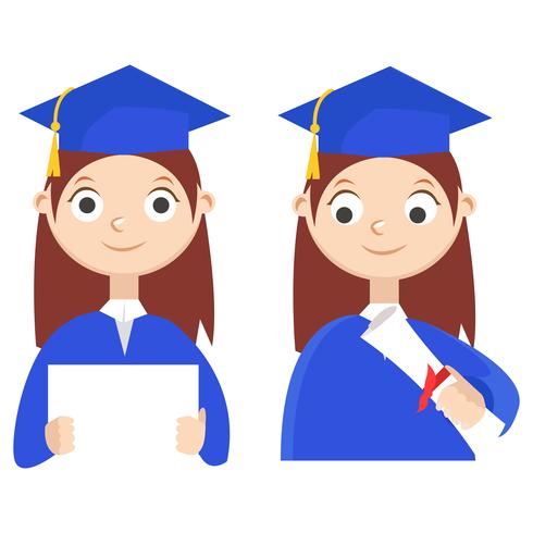 Conjunto. Un estudiante graduado con un diploma. Vector ilustración plana