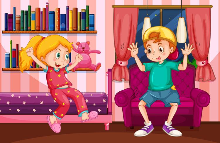 Niño y niña, jugar dormitorio vector