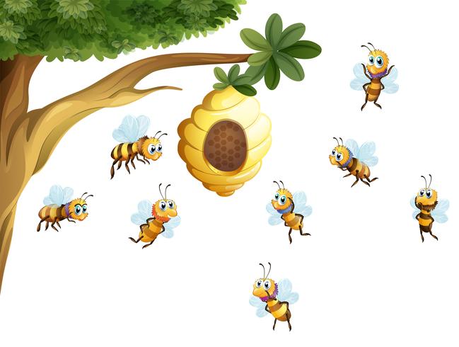 Un árbol con una colmena rodeada de abejas. vector