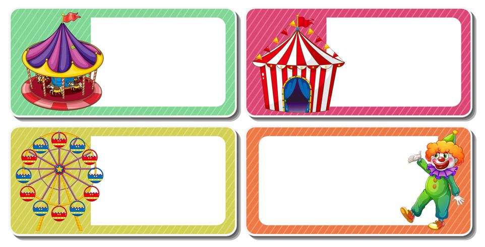 Diseño de etiquetas con clown y carpas de circo. vector