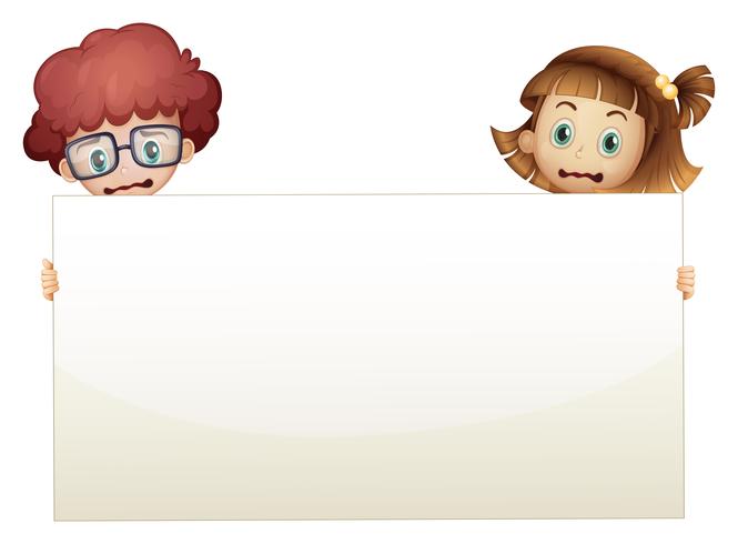Two worried kids holding an empty signboard vector