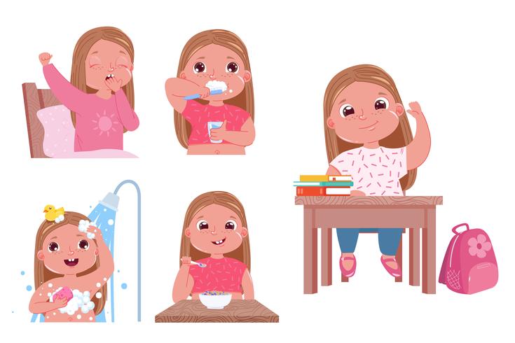 La rutina diaria del niño es una niña. Volviendo a la escuela. Despertarse y cepillarse los dientes, tomar una ducha y comer desayunar. Ilustración vectorial de dibujos animados vector