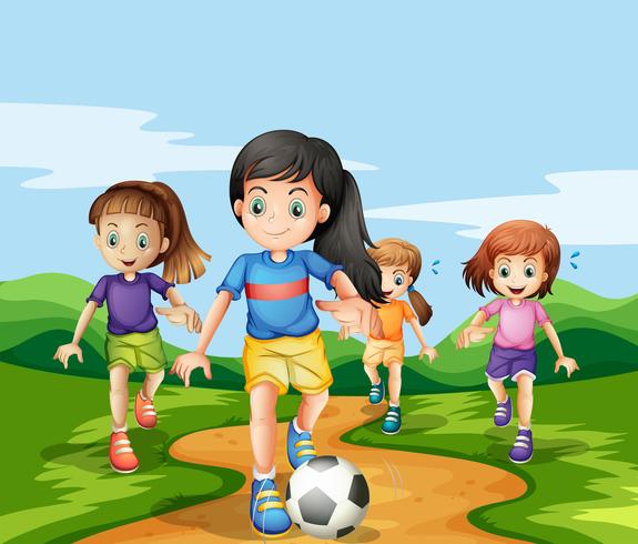 Girls playing soccker in the park vector