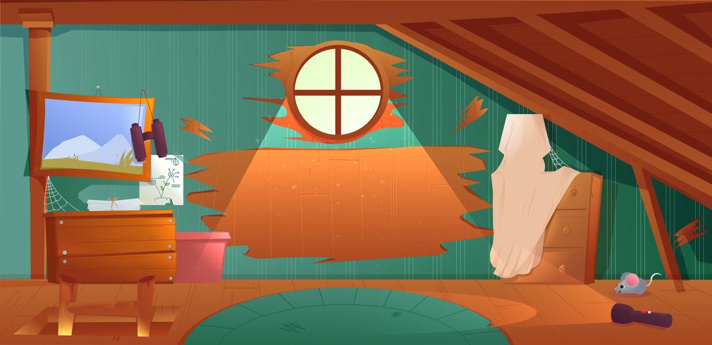 The interior of the attic. An old forgotten room with boxes on the roof. Lamp and pictures and stairs to the top. cartoon illustration vector