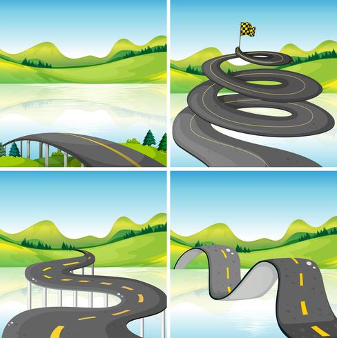 Four scenes of roads in the field vector