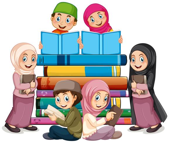 Muslim children reading book vector