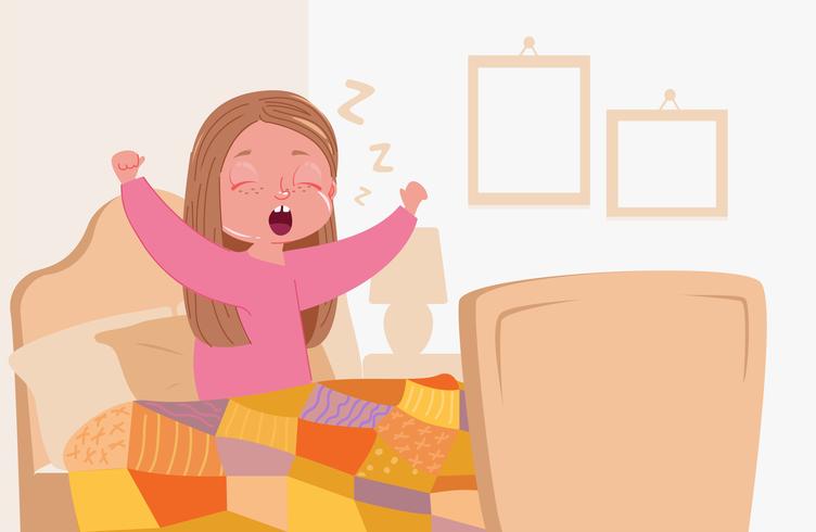 La niña se despierta temprano en la mañana en el dormitorio de tu cama. Ilustración vectorial de dibujos animados vector