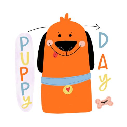 Lindo perro naranja sonriendo con letras coloridas alrededor vector