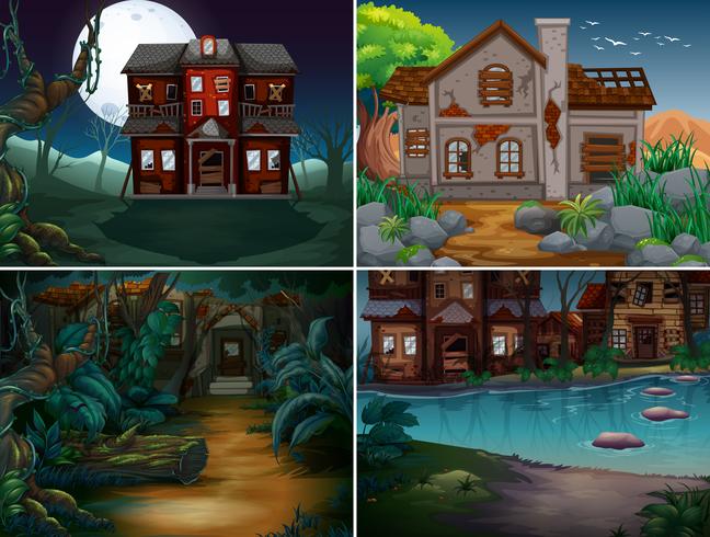 Four scenes with haunted houses in forest vector