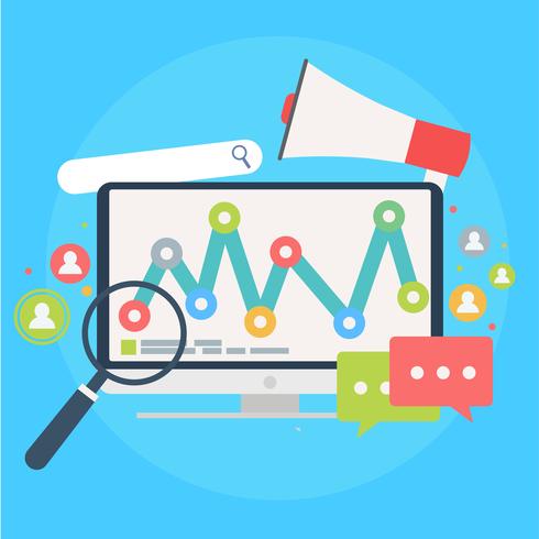 Search Engine Marketing banner. Computer with object, diagram, user icon. Vector flat illusration