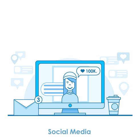 Social media banner strategy. A computer with an open network. Friends send messages, put the likes, notifications. Vector flat line illustration