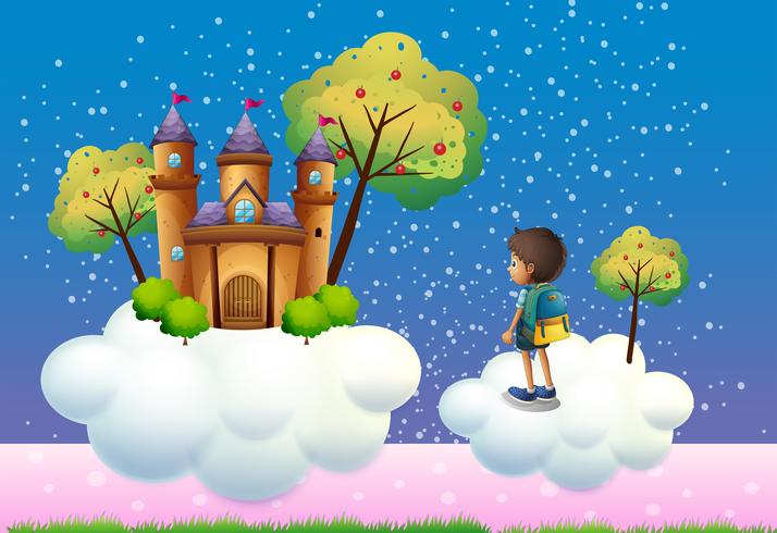 Un niño y un castillo encima de las nubes. vector