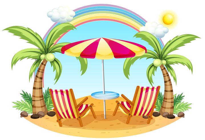 A seashore with a beach umbrella and chairs vector