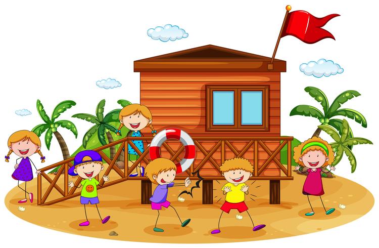 Children and hut vector