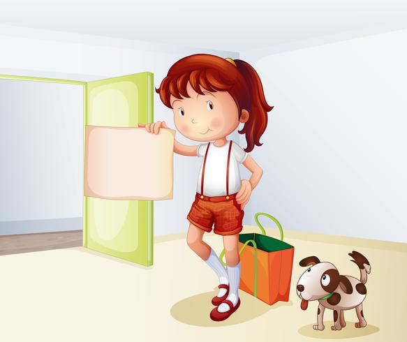 Una niña sosteniendo un papel en blanco con una bolsa y un perro. vector