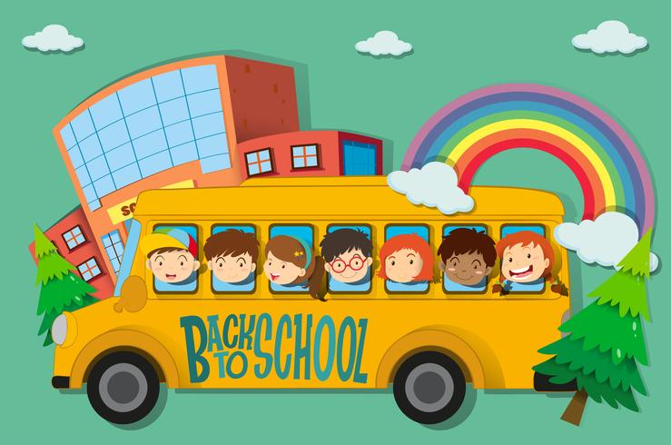 Niños montando en el autobús escolar vector
