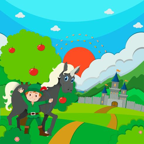 Hunter and horse on the field vector