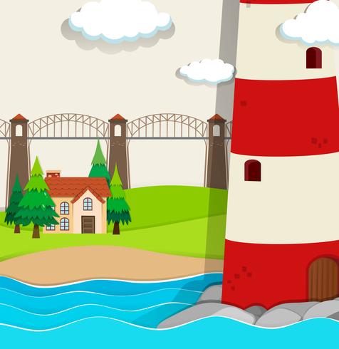 Nature scene with lightwave and house by the beach vector