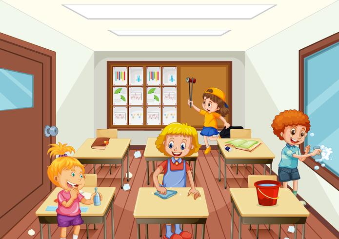 Group of people cleaning classroom vector