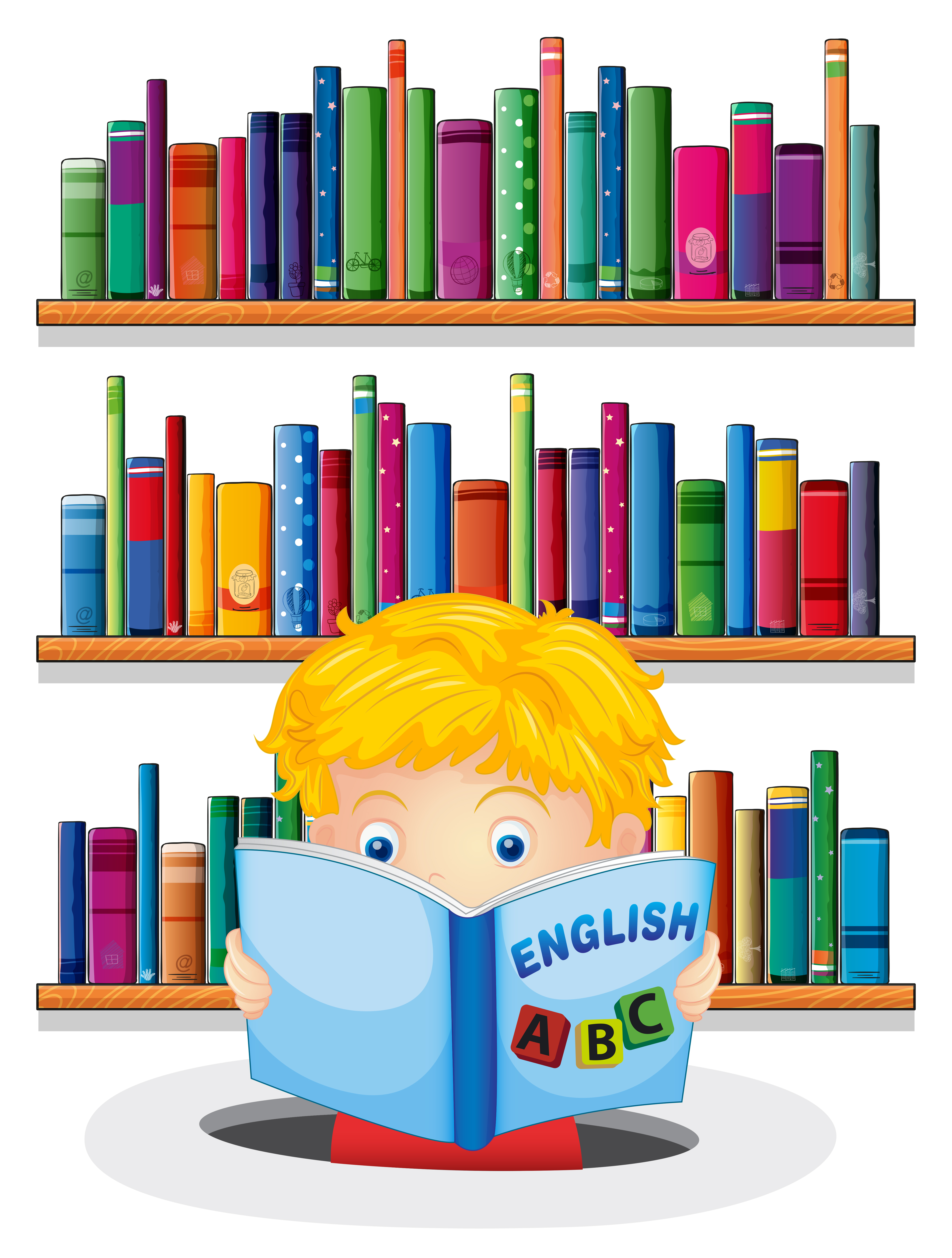 A boy in the library reading an English book 360474 Vector Art at Vecteezy