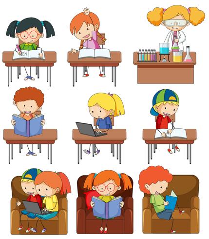 Set of children studying vector