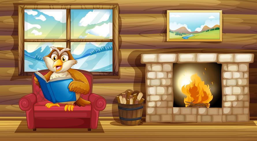 An owl reading a book beside a fireplace  vector