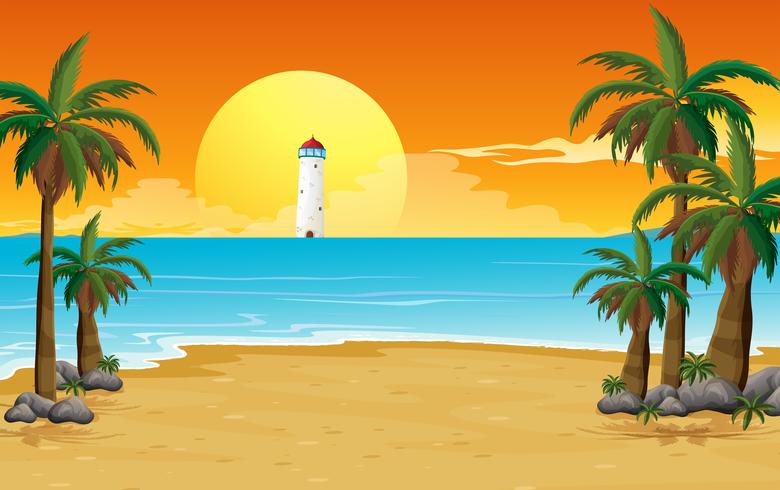 Una playa tranquila con un faro. vector