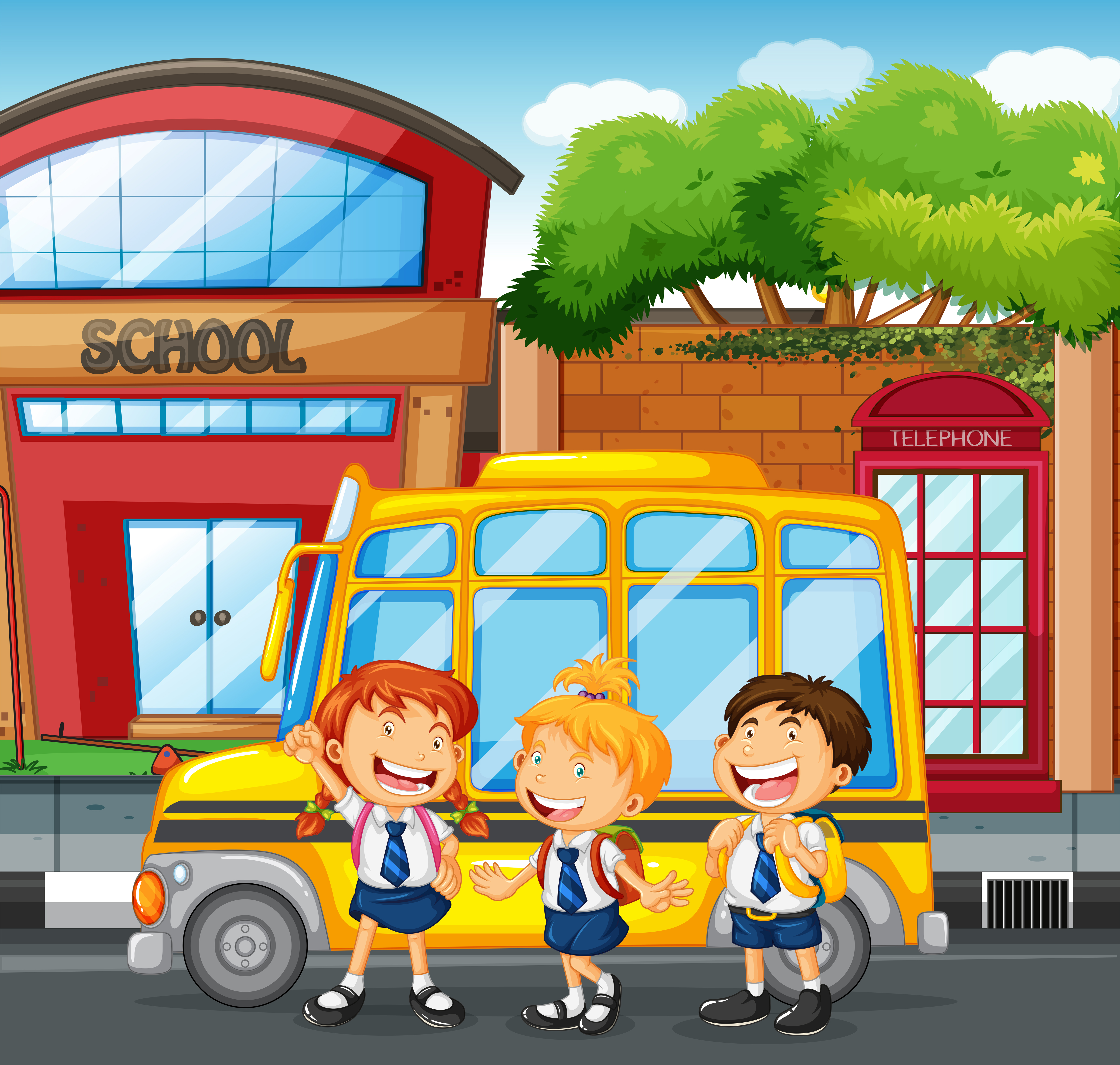 Школьник едет в автобусе. School Bus illustration. The School Bus arrived at the School.