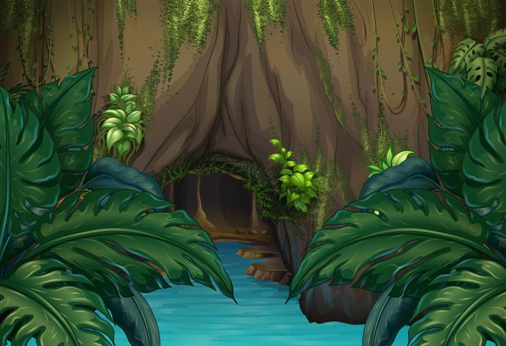 Escena de la selva con río y cueva. vector