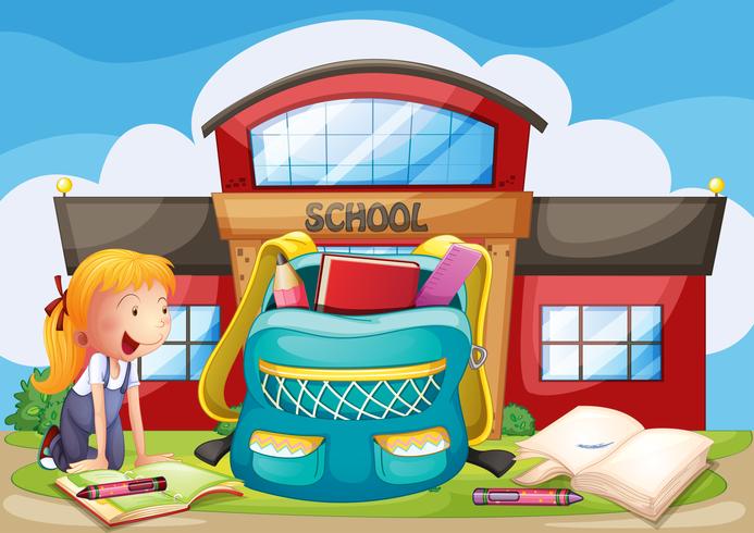 A girl with her school supplies in front of the school building vector