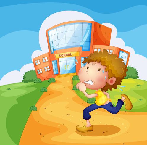 A boy running in front of the school vector